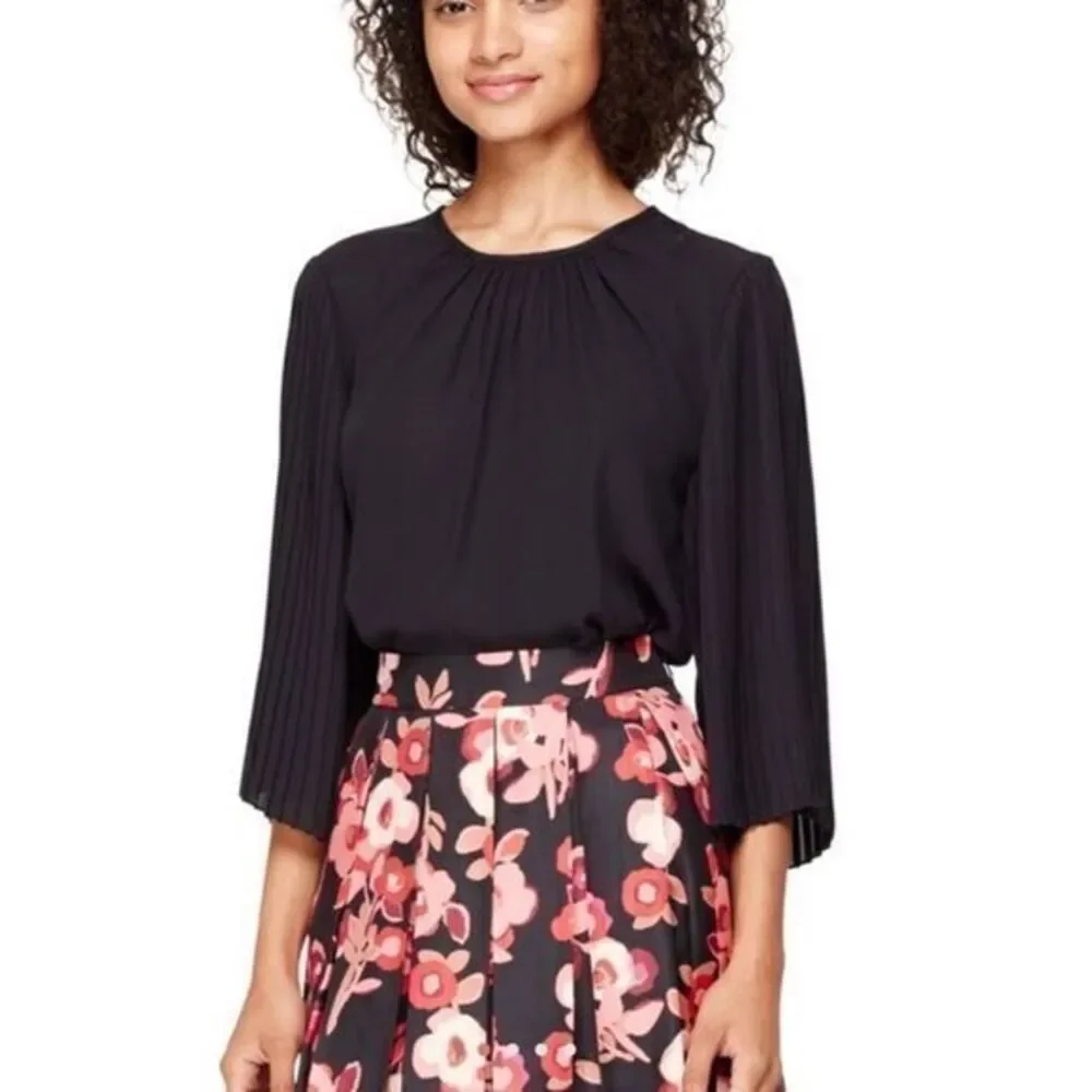 KATE SPADE Black Flutter Blouse Pleated Sleeve XSMALL